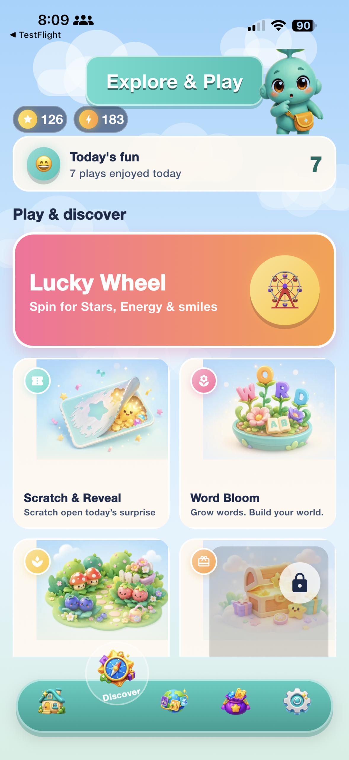 Discovery screen in Toiii Worlds showing colourful mini-games